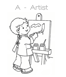 A is for Artist coloring printable for kids
