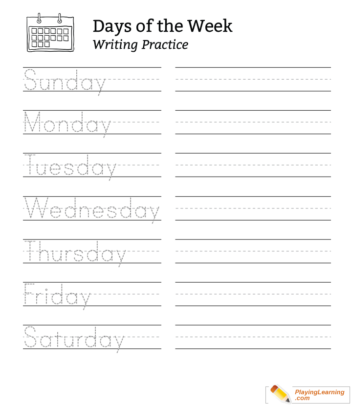 Days Of The Week Writing Practice Sheet  for kids