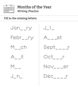 Learning months of the year - Filling in missing letters for kids