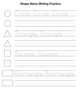 Shape name writing sheet - Circle, triangle, square, rectangle for kids