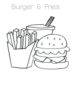 Burger, French fries & drink coloring page for kids