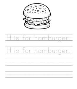 H is for Hamburger writing sheet  for kids