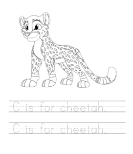 C is for Cheetah writing practice sheet  for kids