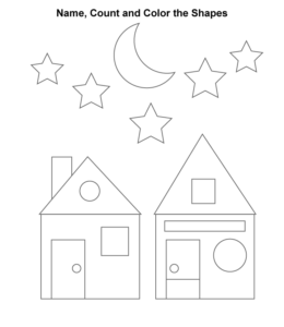Naming shapes & coloring page - House and stars for kids