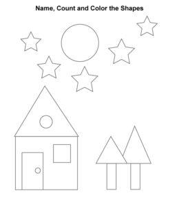 Naming shapes & coloring page - House and trees for kids