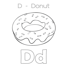 D is for Donut coloring page for kids