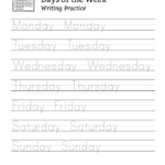 Days of week tracing practice page