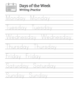 Days of the week tracing practice sheet for kids