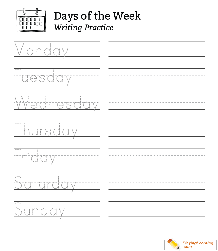 handwriting practice days of the week