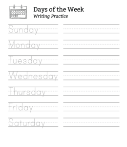 Monday through Sunday writing worksheet for kids