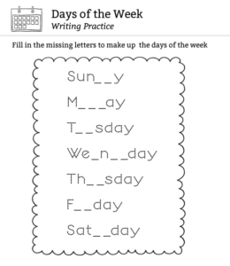 Learning days of the week - Filling in missing letters for kids