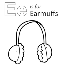 E is for Earmuffs coloring page for kids
