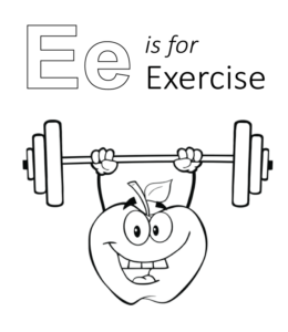 E is for Exercise coloring page for kids