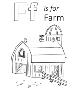 F is for Farm coloring page for kids