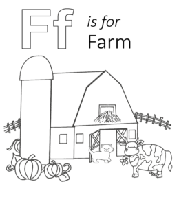 F is for Farm coloring page for kids