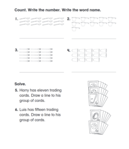 First grade counting objects and writing numbers worksheet  for kids