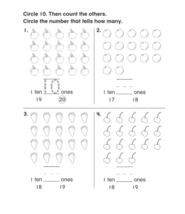 First grade counting, grouping and writing numbers worksheet  for kids