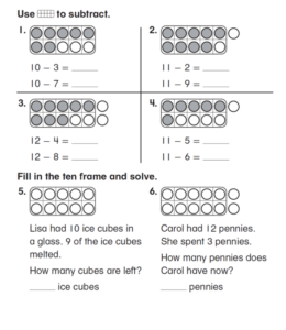 First grade subtraction with box model worksheet for kids