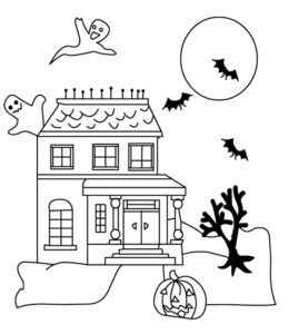 Halloween House with Ghosts & Bats Coloring Sheet for kids