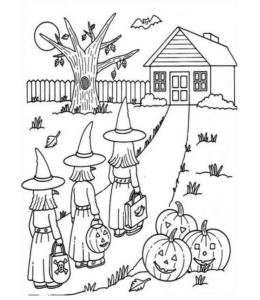 Halloween Trick-or-Treating Coloring Sheet for kids