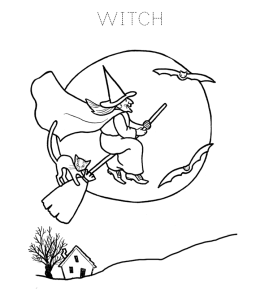Halloween Witch Coloring Page - Flying Witch & Bat for kids
