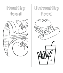 Healthy & unhealthy food coloring page for kids