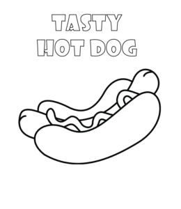 Hot dog and bun with ketchup coloring page for kids