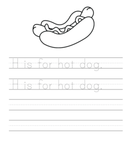 H is for Hot Dog writing sheet  for kids