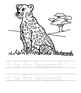 L is for Leopard writing practice sheet for kids