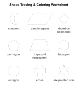 Shapes - Crescent, rhombus, pentagon, hexagon, octagon, parallelogram, cross  for kids