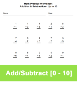 Printable math worksheet addition and subtraction up to 10