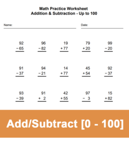 Printalbe math worksheet addition and subtraction up to 100