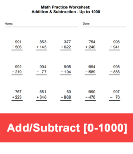 Printalbe math worksheet addition and subtraction up to 1000