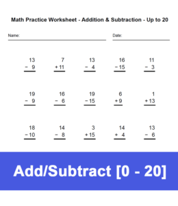 Printalbe math worksheet addition and subtraction up to 20