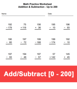 Printalbe math worksheet addition and subtraction up to 200
