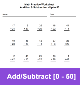 Printalbe math worksheet addition and subtraction up to 50