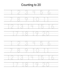 Number writing worksheet 1 through 20 for kids