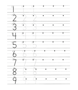 Number tracing worksheet 1 through 9 with guide for kids