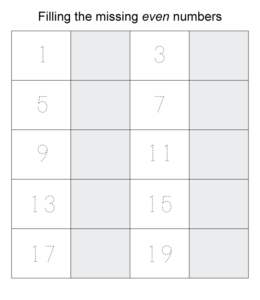 Filling in missing even numbers 1 through 20 for kids