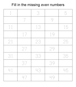 Filling in missing even numbers 1 through 50 for kids