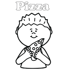 Boy eating pizza coloring page for kids