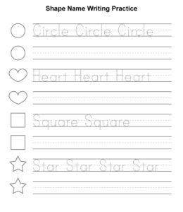 Shape name writing sheet - Circle, heart, square, star for kids