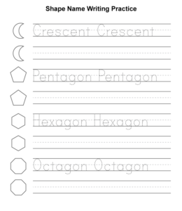 Shape name writing sheet - Crescent, pentagon, hexagon, octagon for kids