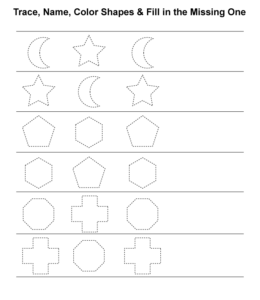 Shape pattern and tracing - Crescent, star, pentagon, hexagon, octagon, cross for kids