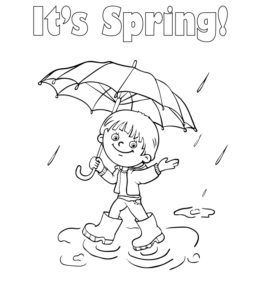 Boy Playing in Spring Rain Coloring Sheet   for kids