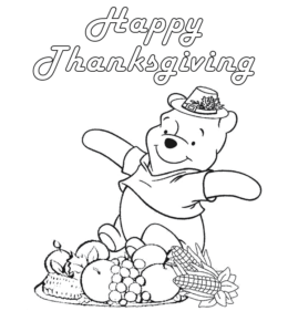 Pooh Bear celebrates Thanksgiving coloring printout for kids