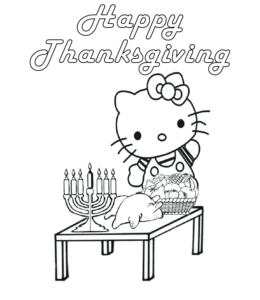 Kitty celebrates Thanksgiving coloring printout for kids