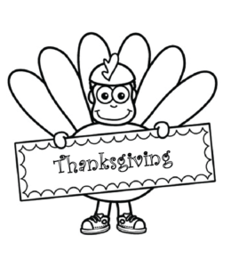 Cute turkey holding Thanksgiving sign coloring page for kids