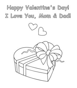 Valentine gift in heart-shaped box coloring page for kids