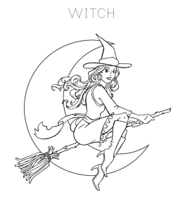 Halloween Coloring Page - Flying Witch & Moon for kids